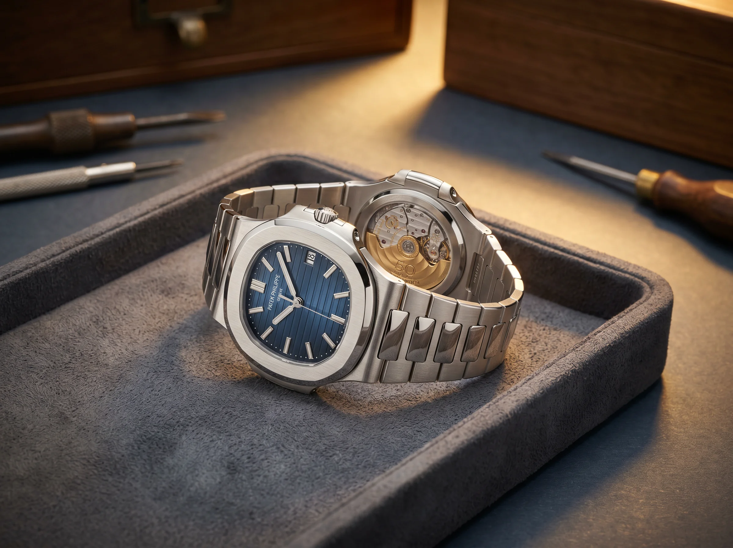 Patek Philippe Nautilus 5810/1G-001 50th Anniversary edition showing the engraved 50 1976-2026 rotor