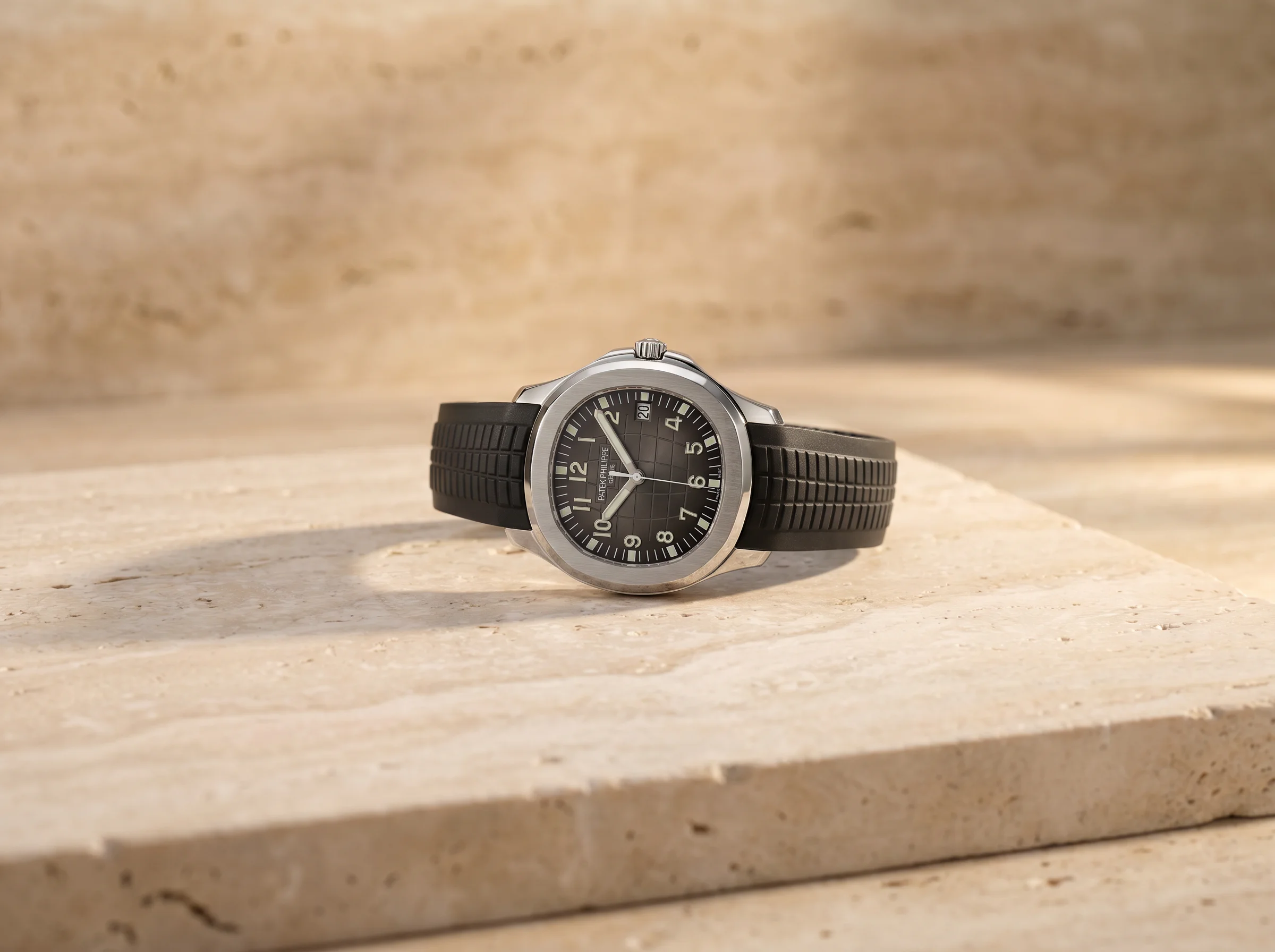Luxury watch with a charcoal embossed dial on a black composite rubber strap on pale travertine
