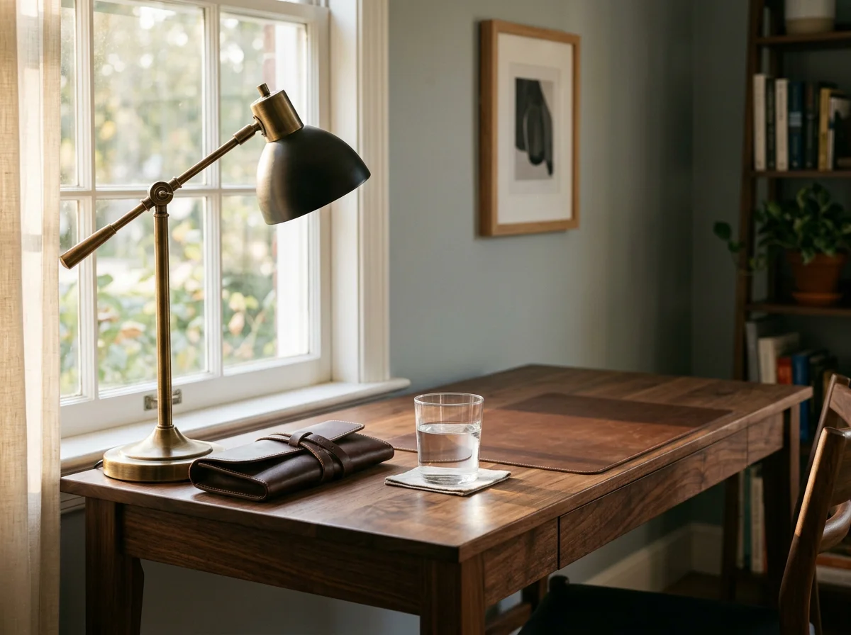 An elegant walnut desk with a leather watch roll and a brass lamp in warm light
