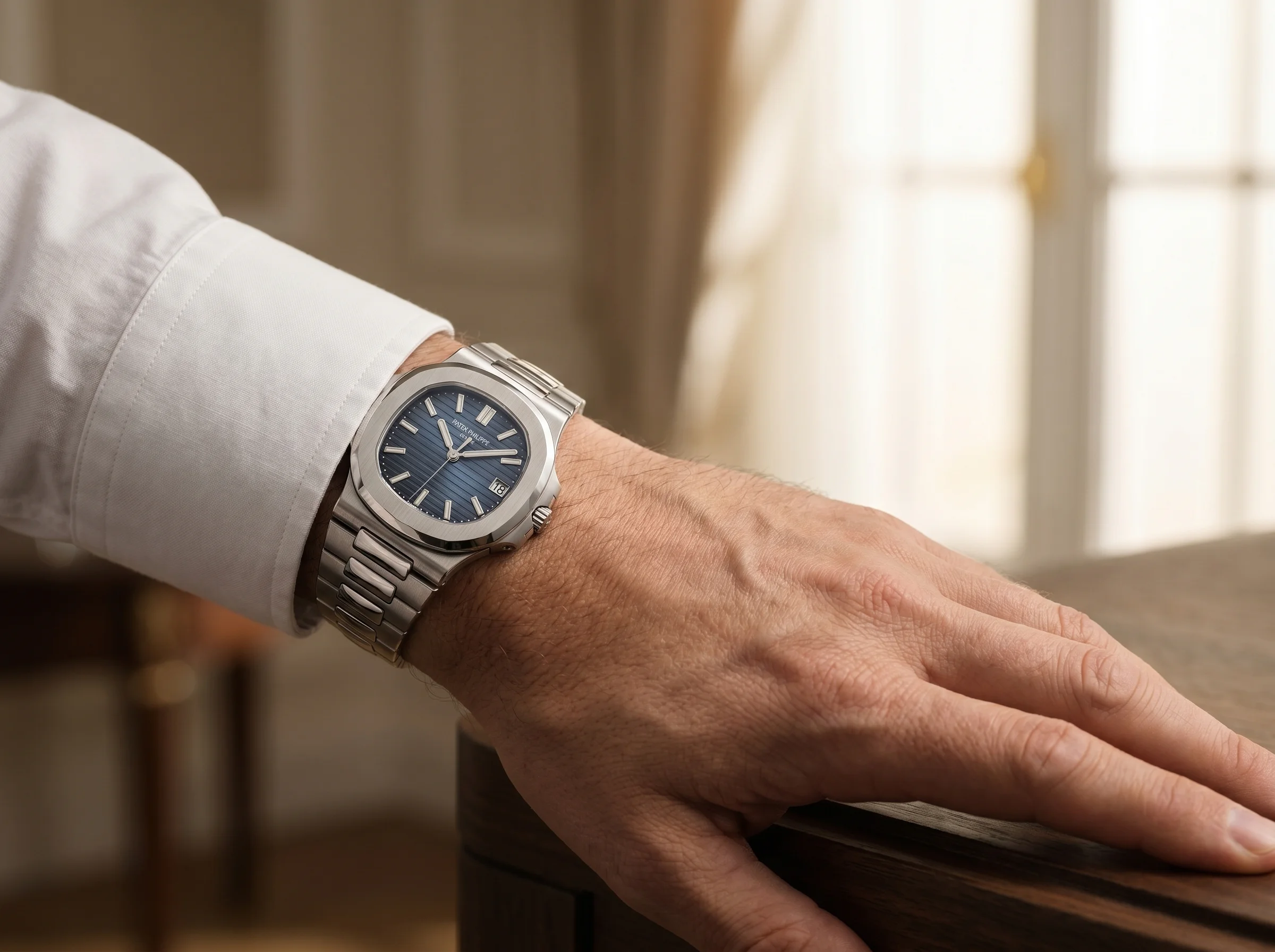 Steel sports watch with a blue dial and integrated bracelet worn under a white dress-shirt cuff