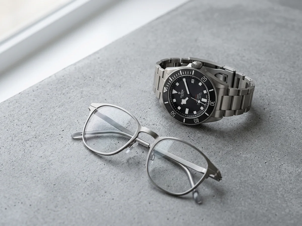 Black-dial Tudor Pelagos 39 on a titanium bracelet on a concrete desk.