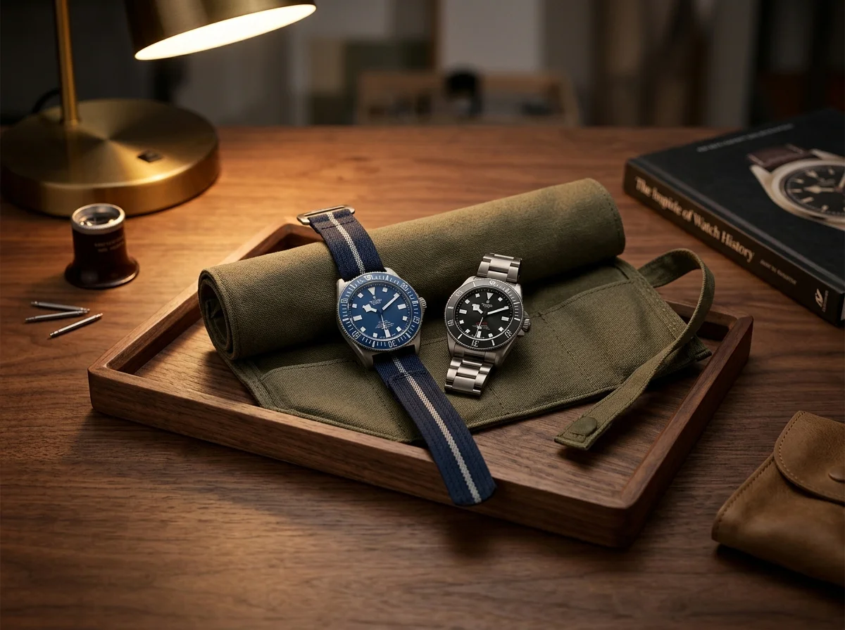 Tudor Pelagos FXD and Pelagos 39 together on a canvas strap roll.