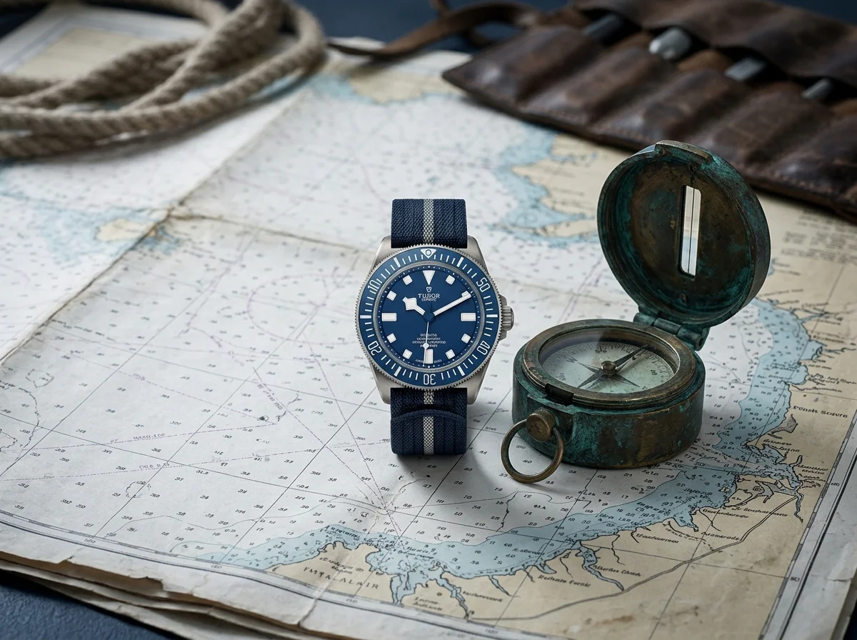 Blue Tudor Pelagos FXD beside a brass diving compass on a sea chart.