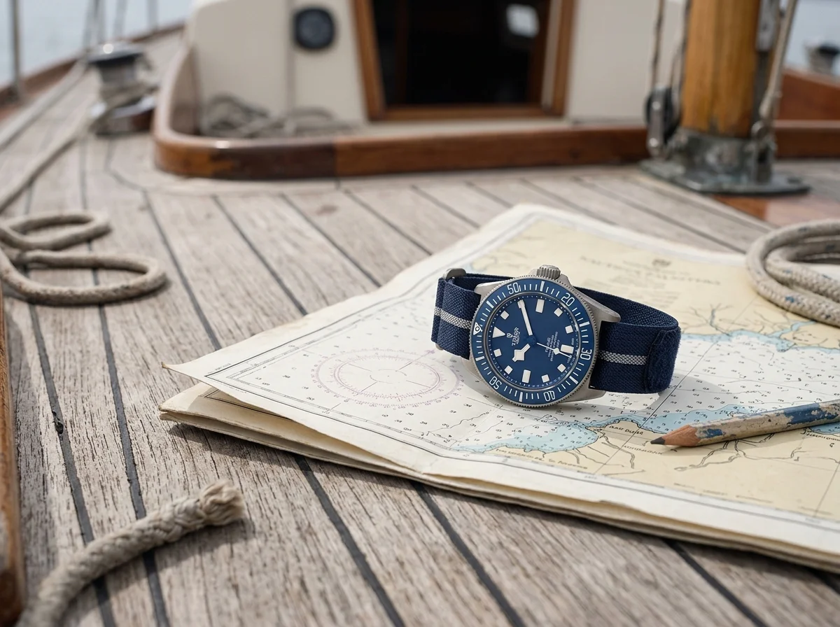 Blue Tudor Pelagos FXD on a navy fabric strap on a nautical chart.