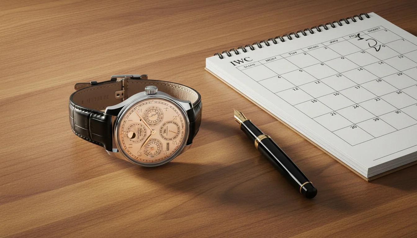 Elegant dress watch with a calendar dial resting on a desk beside an open paper calendar and fountain pen