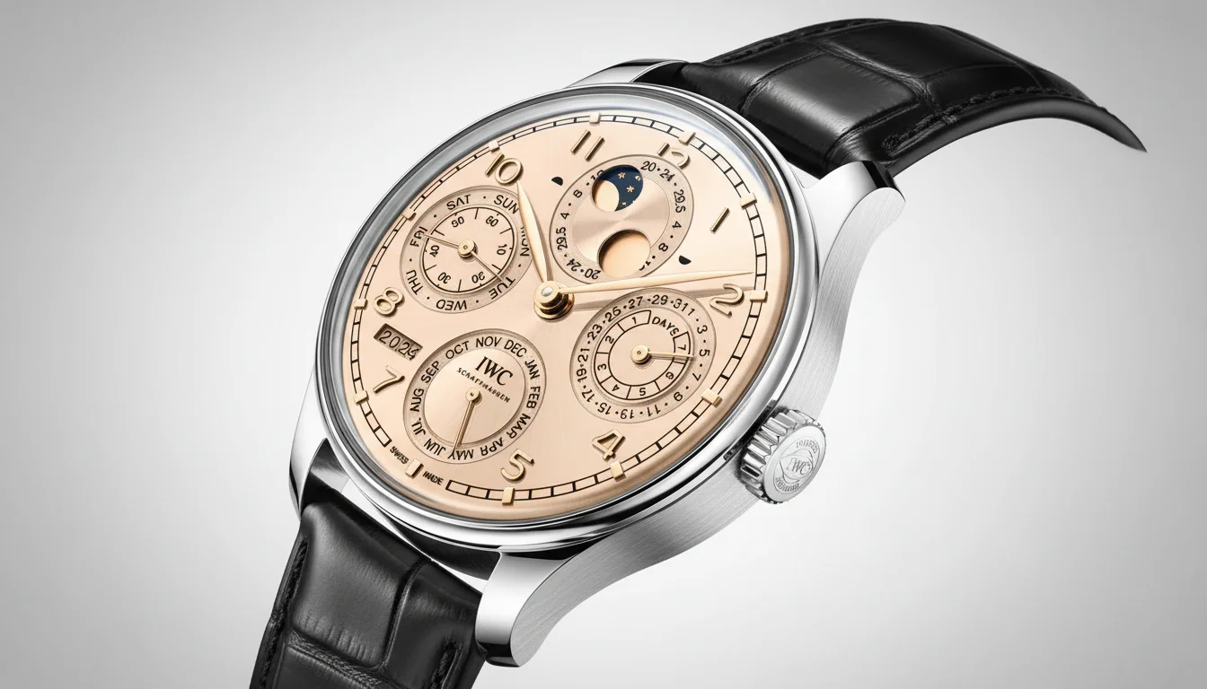 Luxury dress watch with a perpetual calendar dial showing multiple subdials in a sandy dial color