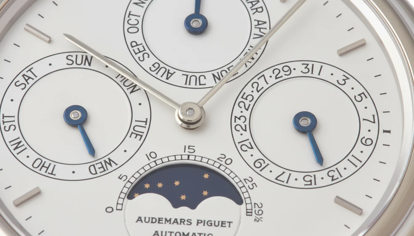 Luxury dress watch dial with day, date, month, and moonphase subdials on a white gold case