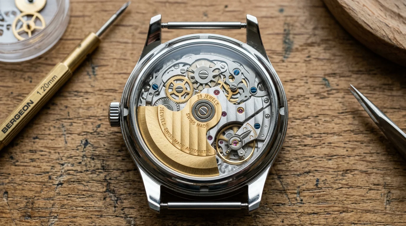 Extreme macro of a mechanical watch movement showing calendar mechanism gears and levers through a sapphire caseback