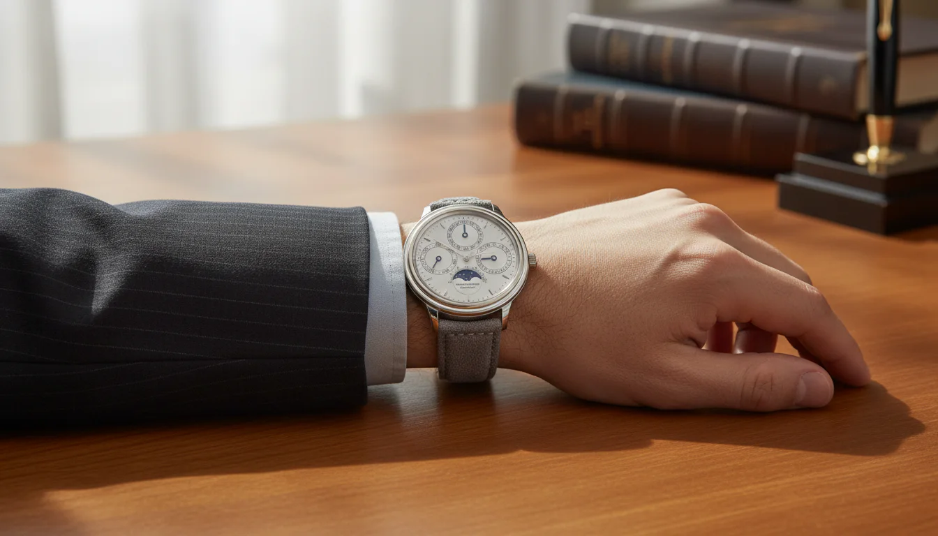 Wrist wearing an elegant white gold dress watch with a multi subdial calendar dial