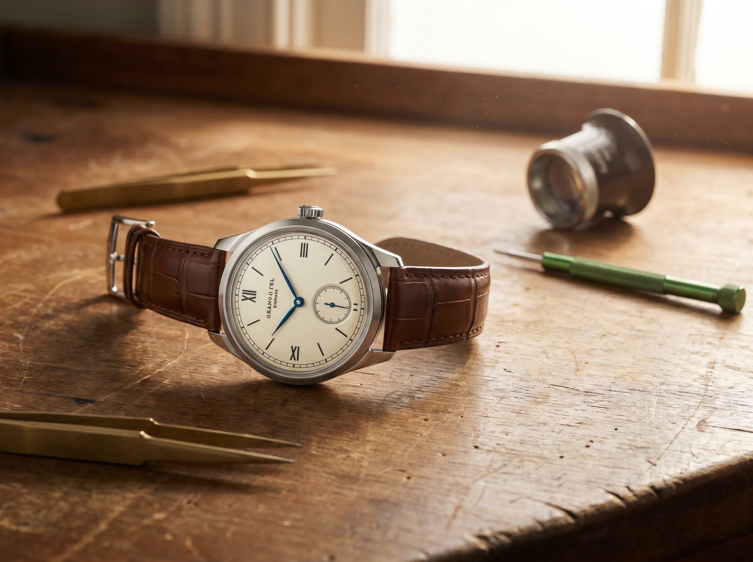 Modern atelier-finished independent watchmaker stainless steel wristwatch resting on watchmakers workbench with brass tools
