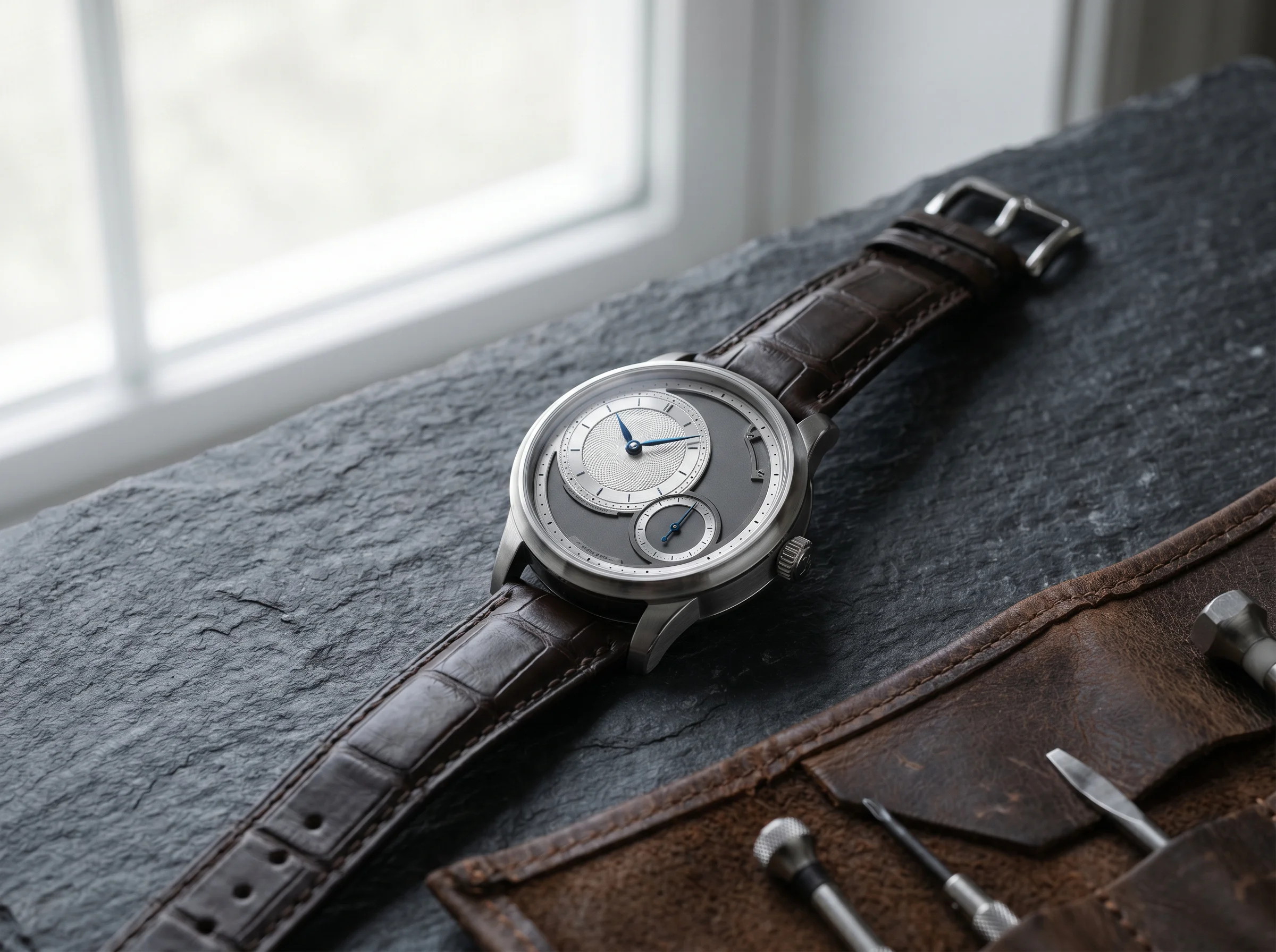 F.P. Journe-style modern independent watchmaker wristwatch in platinum case with asymmetric off-center silvered guilloché subdial layout