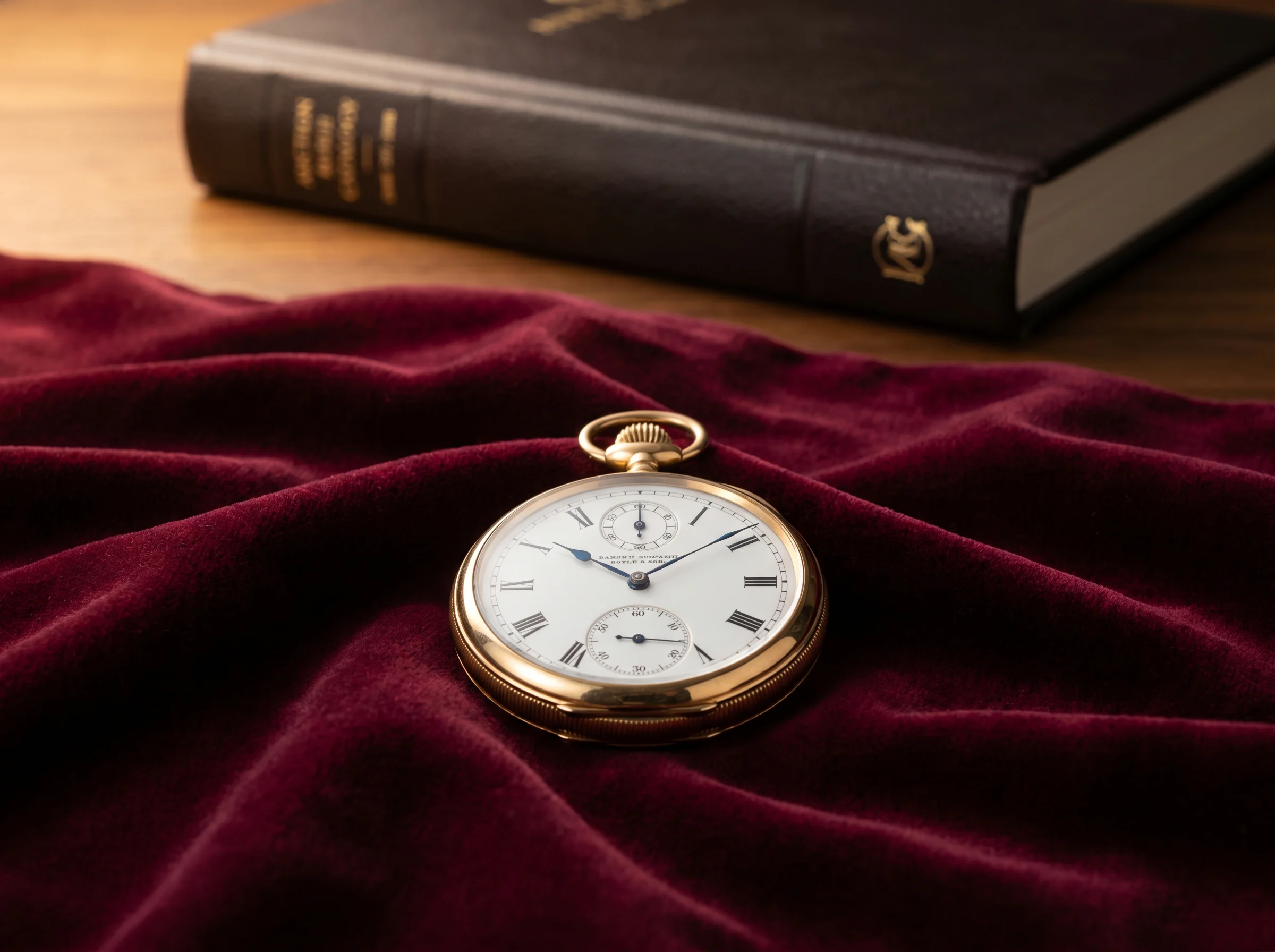 Vintage early 20th century yellow gold open-face pocket watch with white enamel dial on burgundy velvet auction cloth