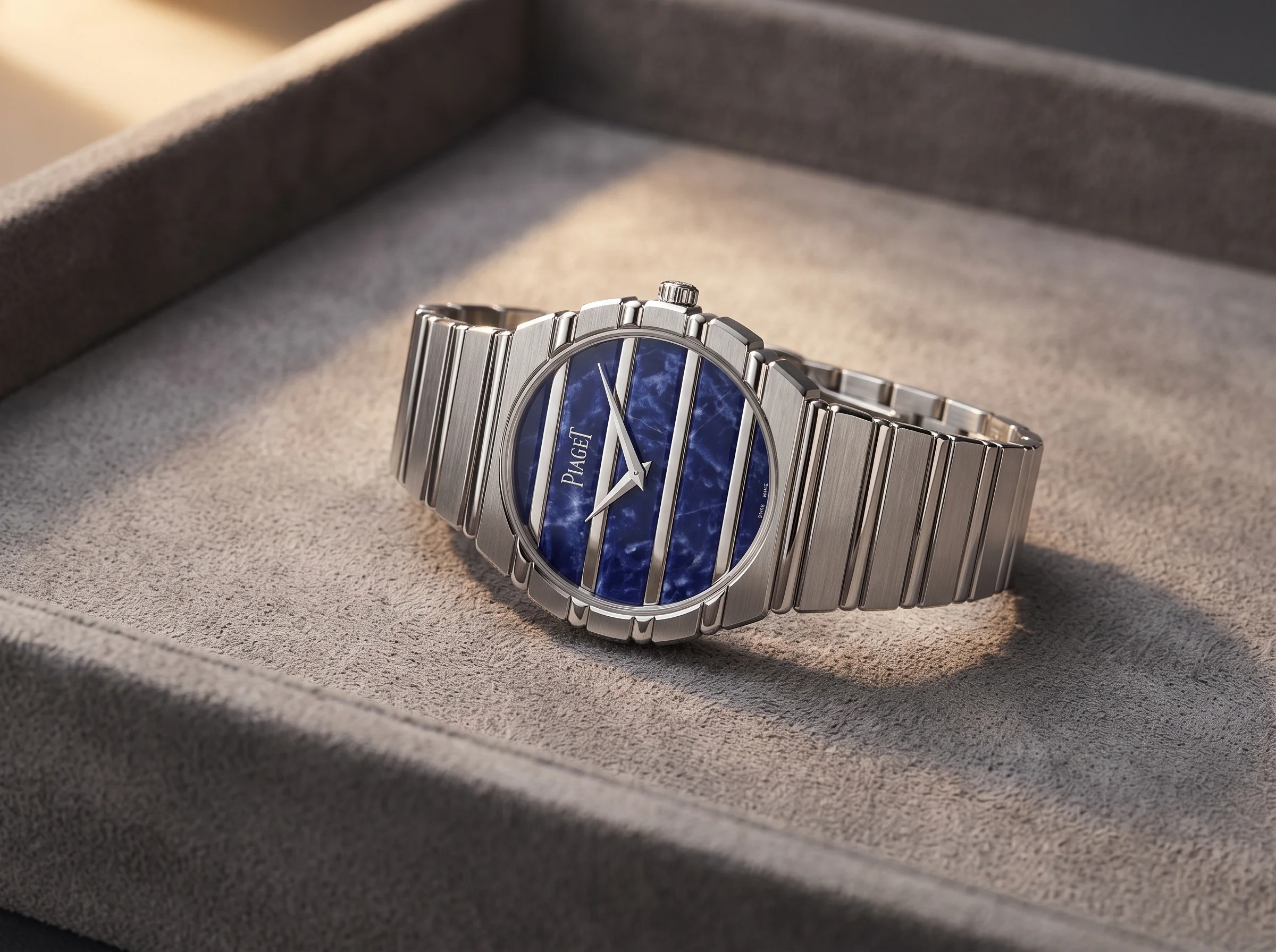 Close view of the Piaget Polo 79 gadroon ridges and blue sodalite dial on a grey suede tray