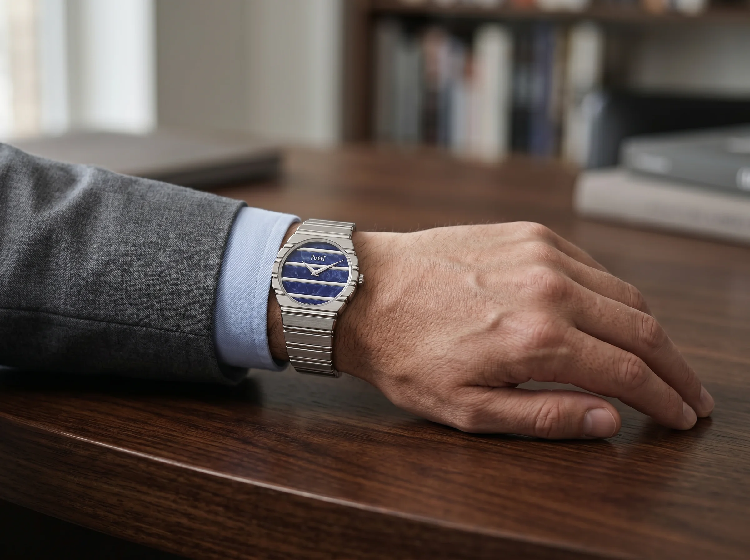 Piaget Polo 79 white gold with sodalite dial worn on the wrist below a pale blue shirt cuff