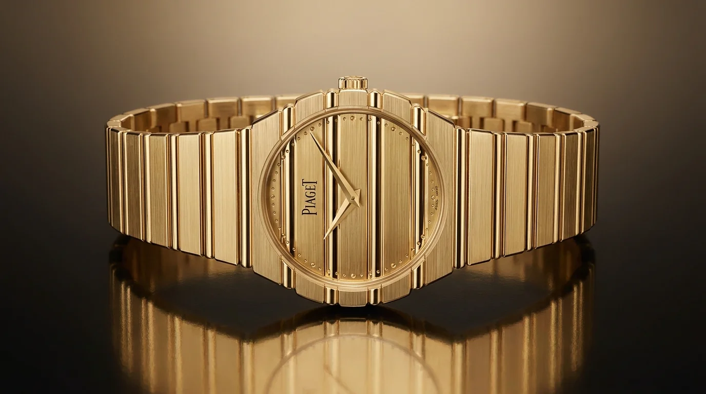 Piaget Polo 79 revival in solid 18K yellow gold with the gadroon fluting across the case and bracelet.