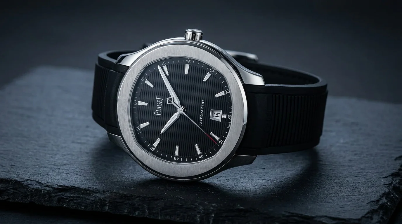 Piaget Polo Date in stainless steel with a black guilloche dial and rubber strap.