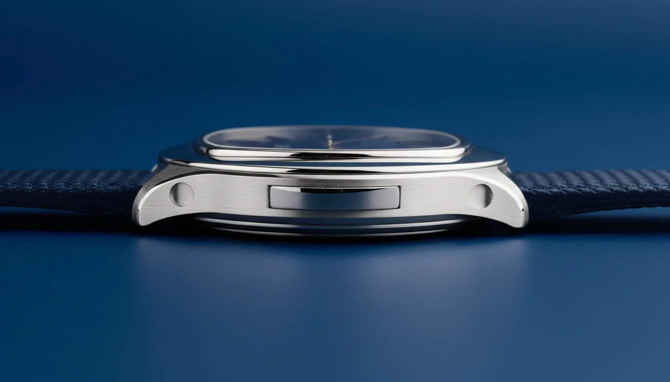 Piaget Polo Minute Repeater case side profile showing the repeater activation slide