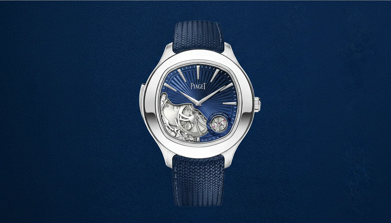 Piaget Polo Minute Repeater front packshot showing the white gold cushion case and blue sunburst dial