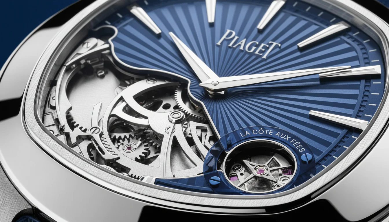 Piaget Polo Minute Repeater dial macro showing the openworked guilloche dial and blue sapphire regulator ring