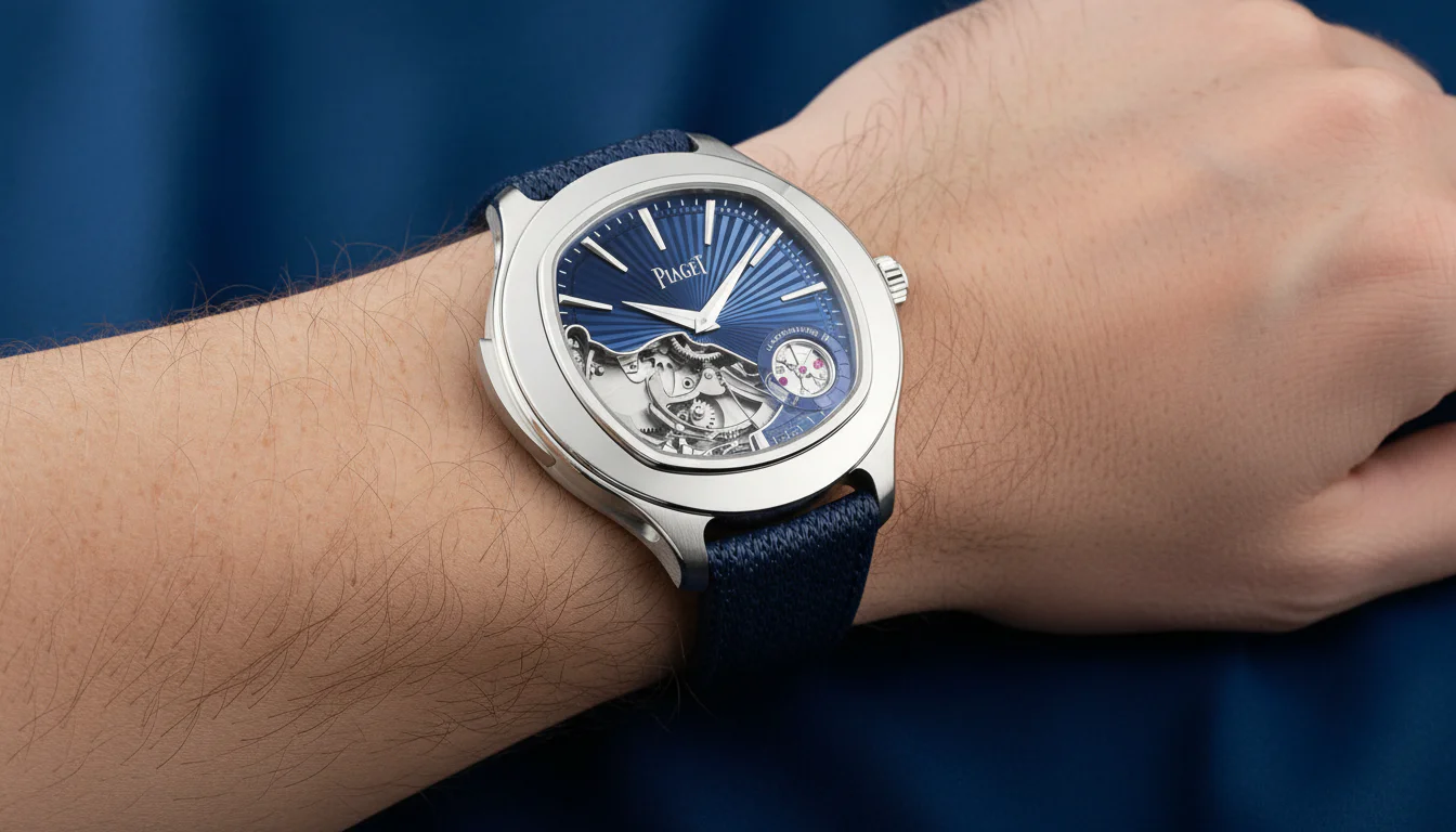Piaget Polo Minute Repeater worn on the wrist showing the white gold case and blue woven strap