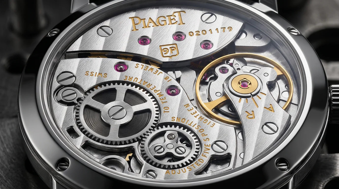 Macro view of a Piaget ultra-thin mechanical movement visible through an exhibition caseback.