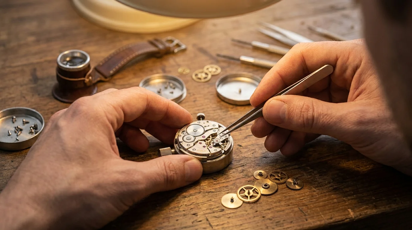 A watchmaker's hands using fine tweezers to assemble an ultra-thin mechanical movement at a workbench.