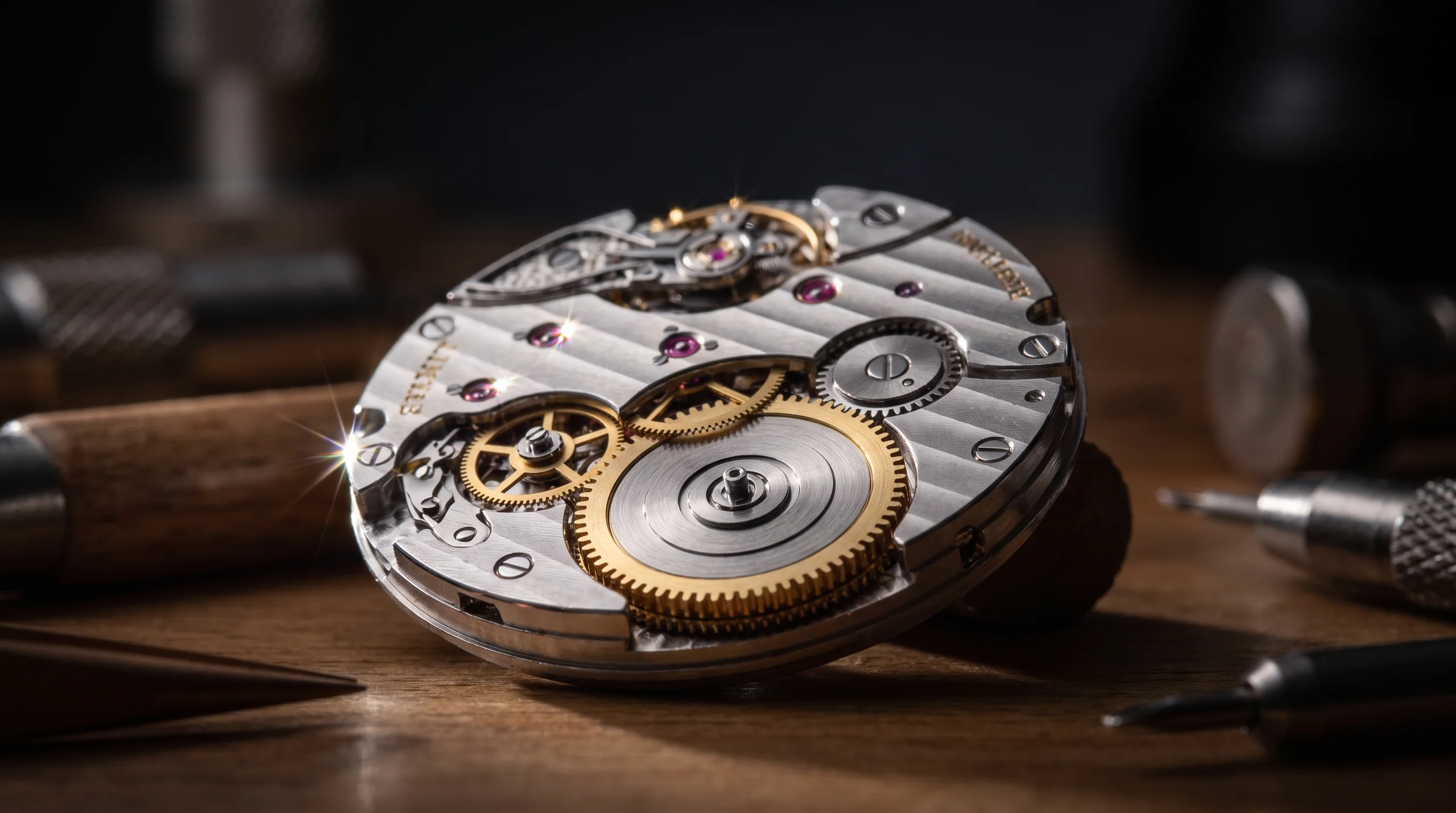 Macro of a watch movement mainspring barrel