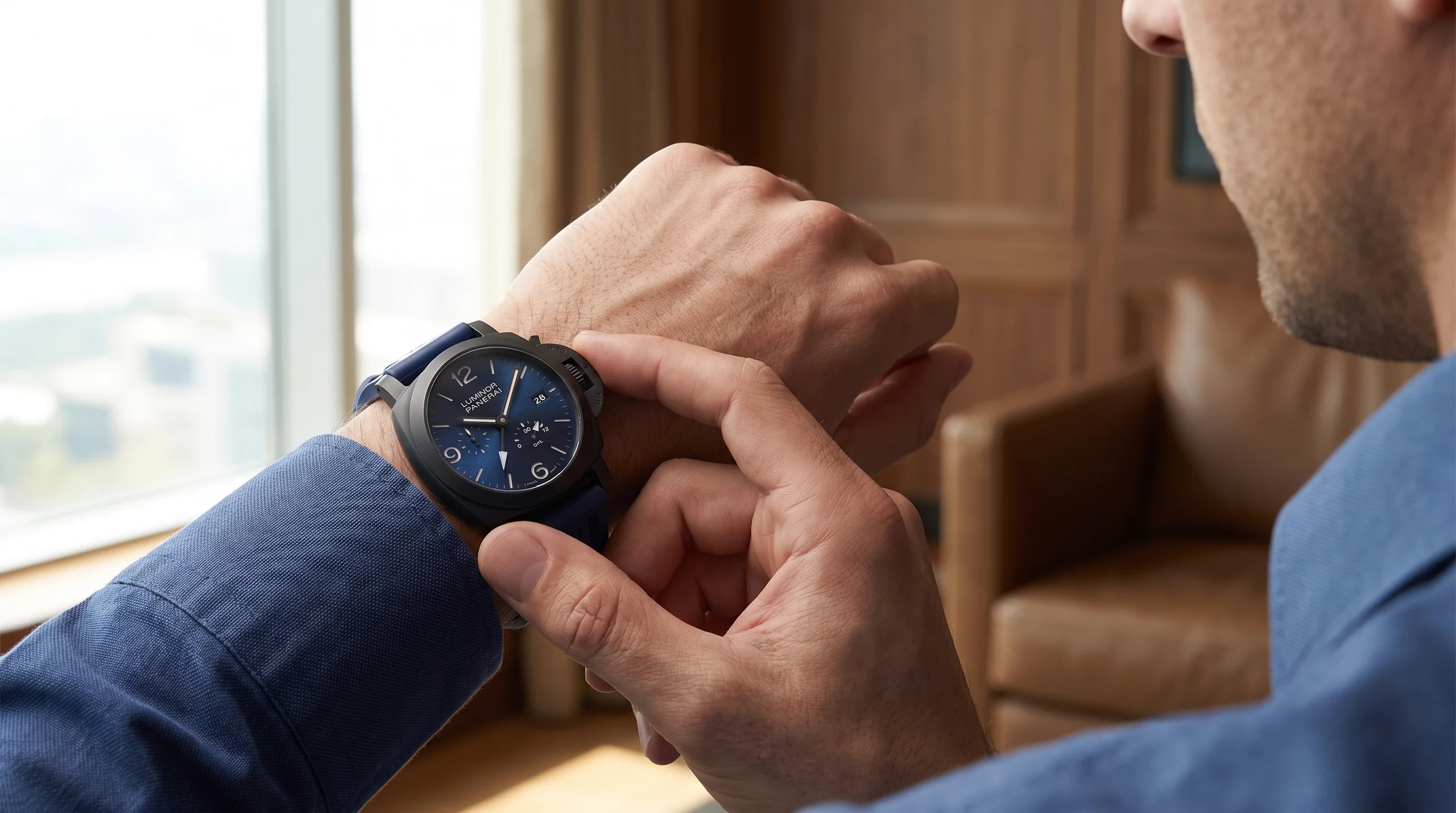 Checking the power reserve gauge on a Panerai worn on the wrist