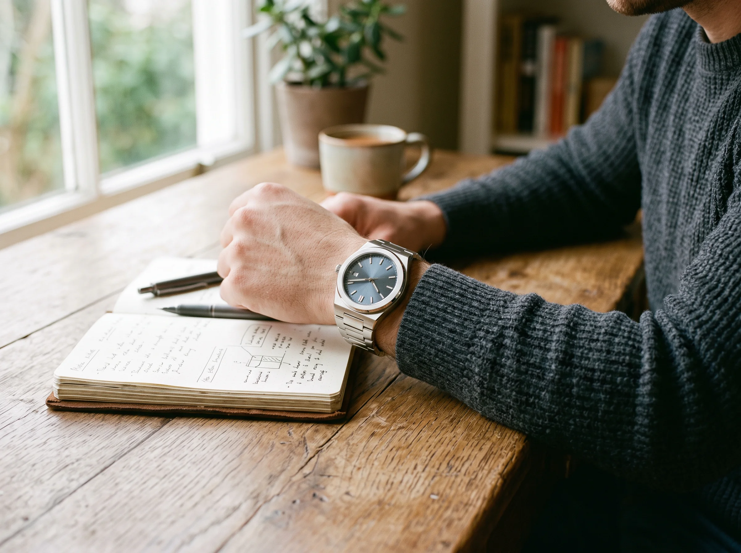 A stainless steel luxury watch worn on the wrist at a desk with a notebook and pen