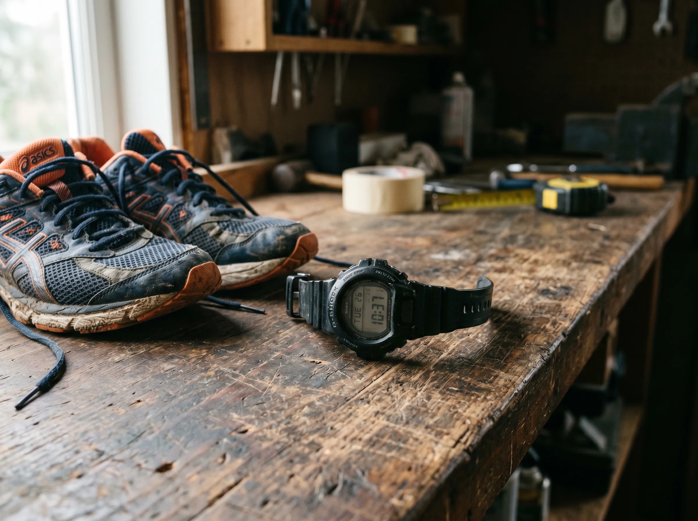 Rugged black digital sports watch on a worn workbench beside running shoes