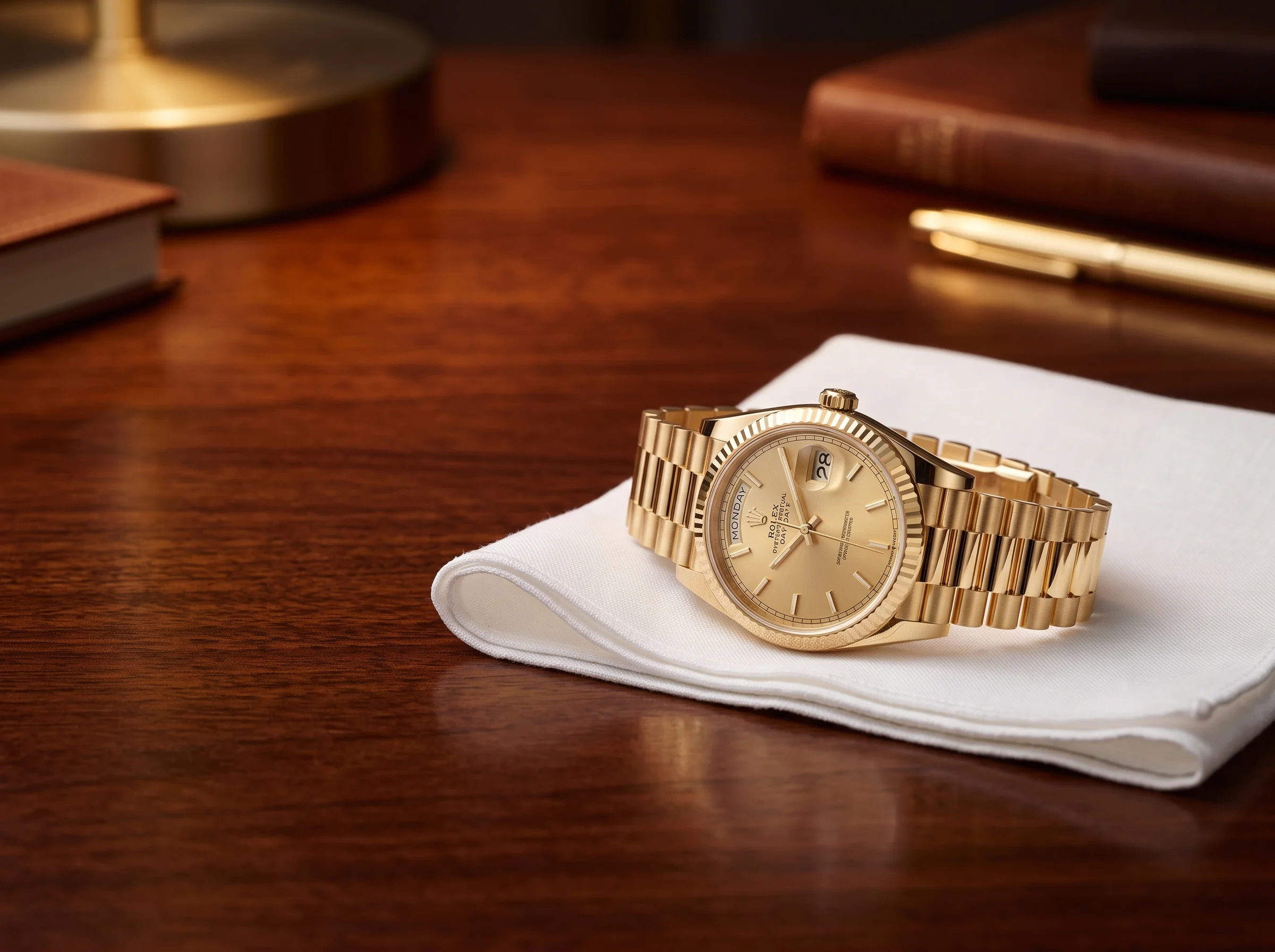 Yellow gold presidential dress watch on a white pocket square on a mahogany desk