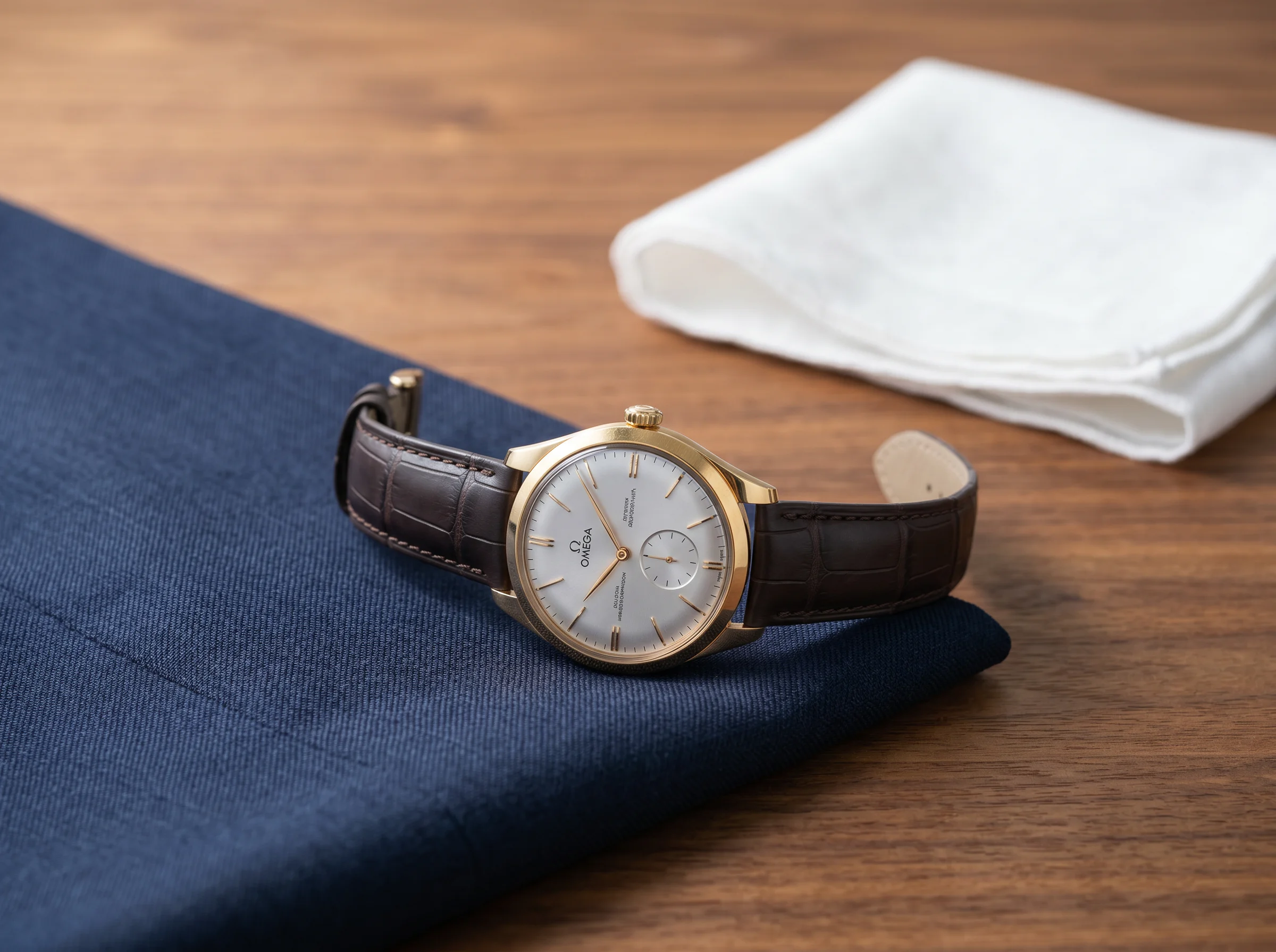 Thin yellow gold Omega dress watch on a brown leather strap laid on folded navy suit fabric