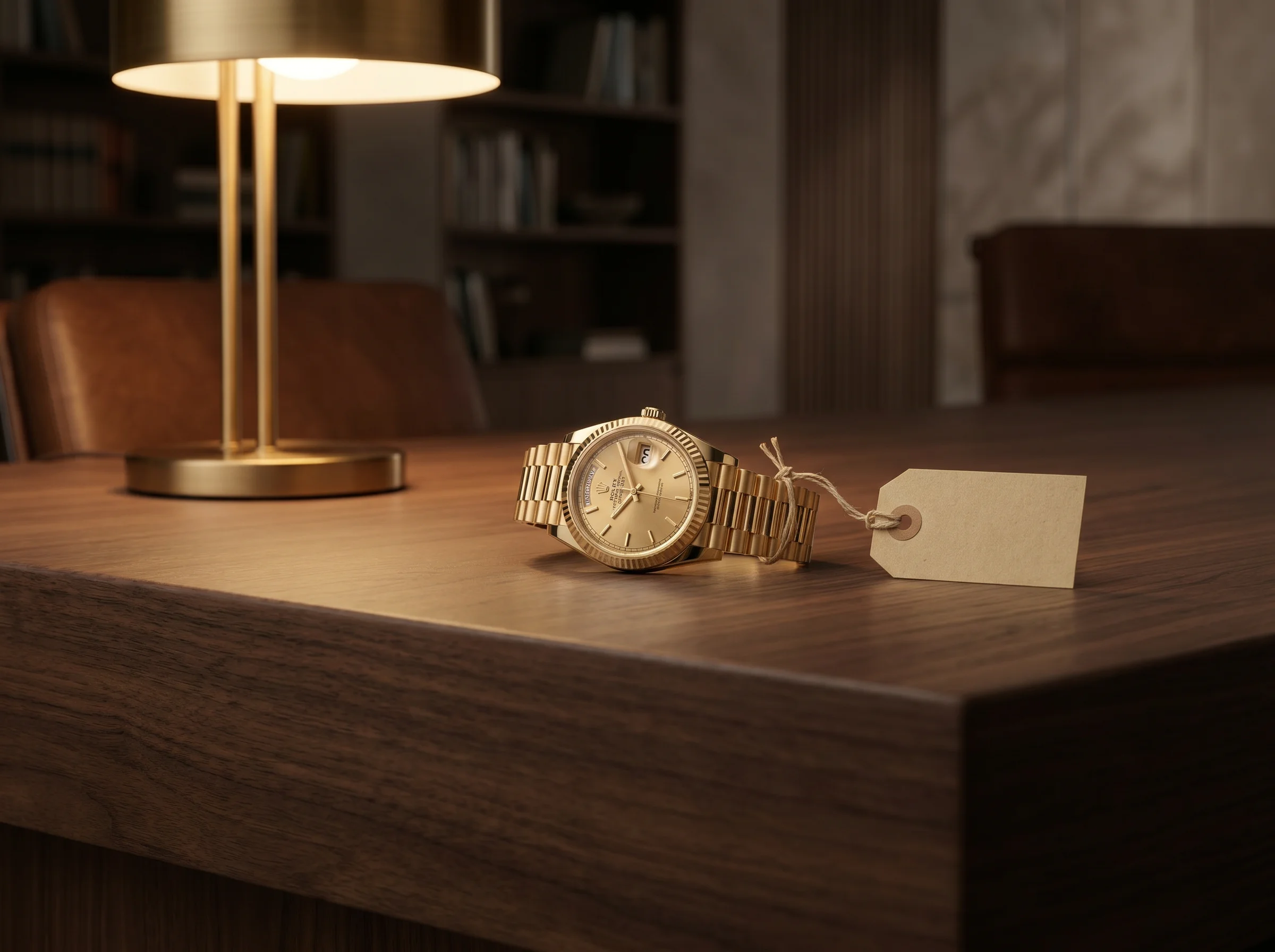 Blank manila tag tied with string to a yellow-gold watch on a dark walnut counter