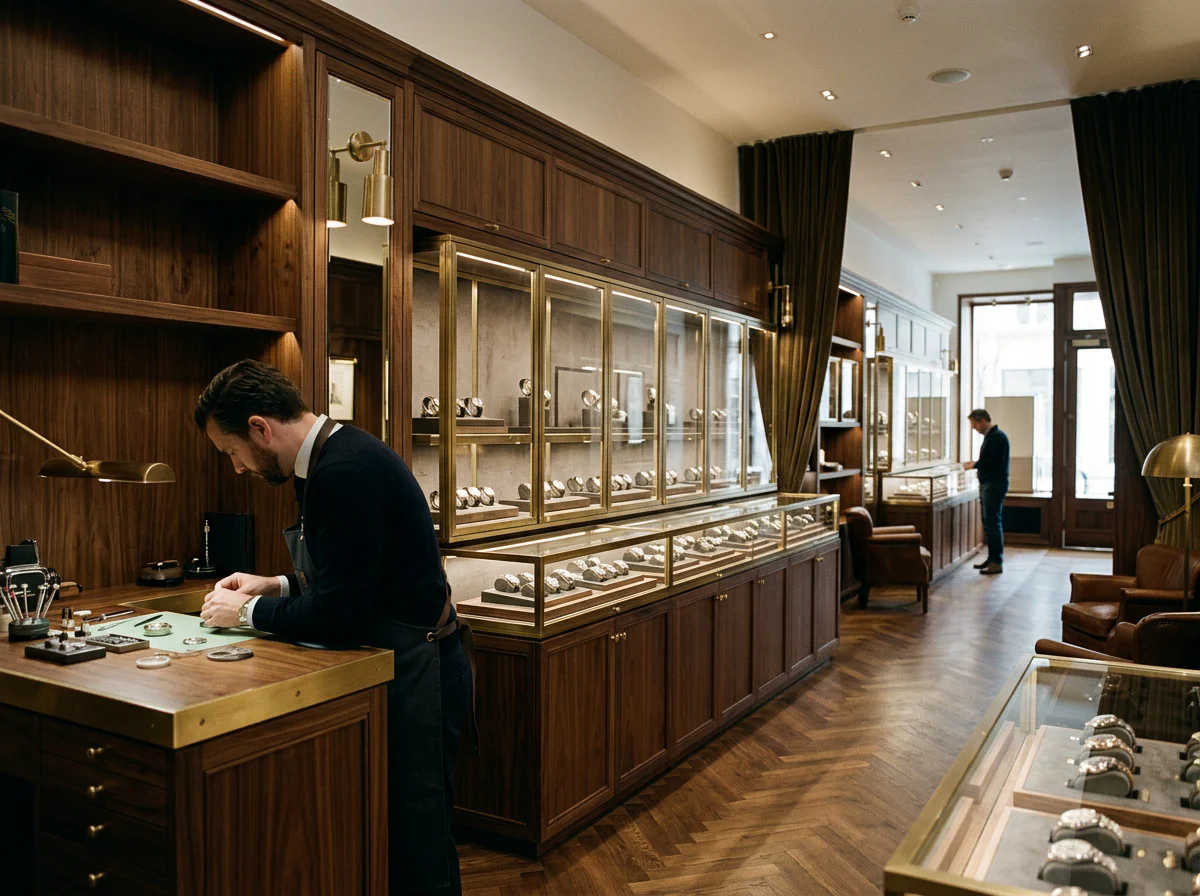 Upscale watch boutique interior with illuminated glass display cases and warm lighting