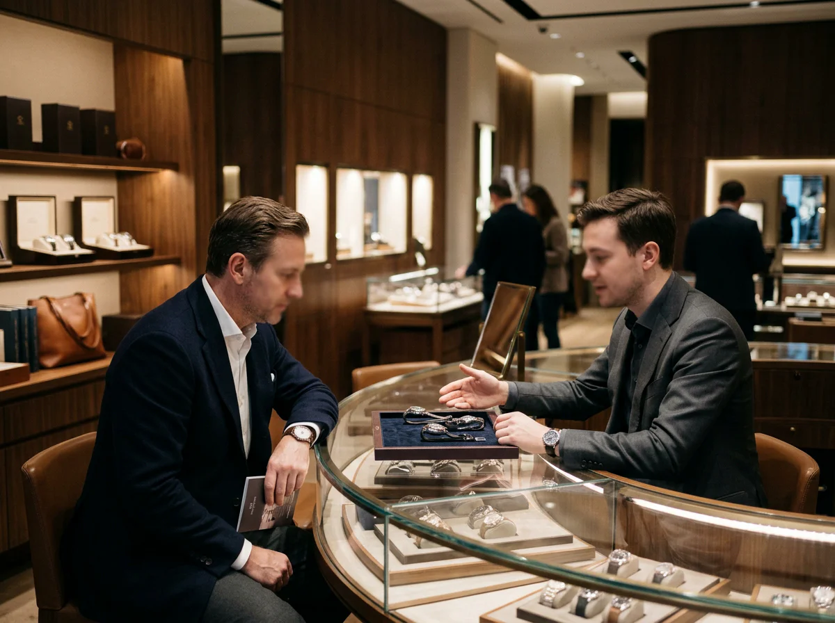 Two people in quiet conversation across an upscale watch boutique counter