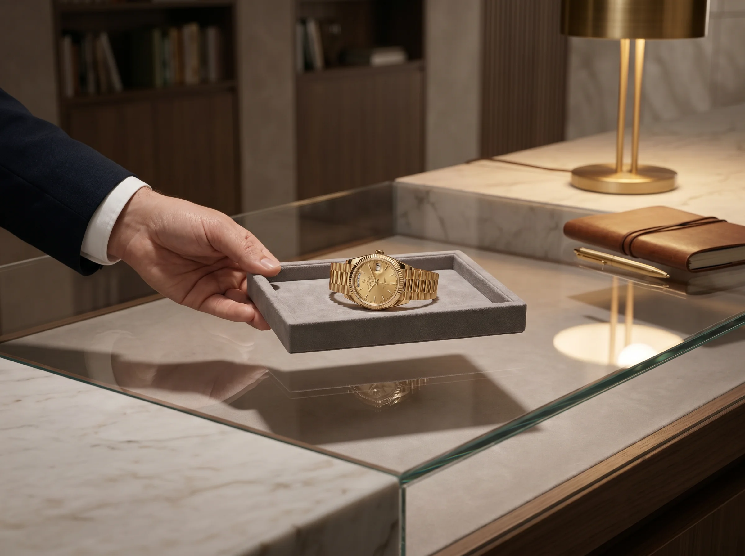 Yellow-gold luxury watch on a grey velvet tray presented by a salesperson across a boutique counter