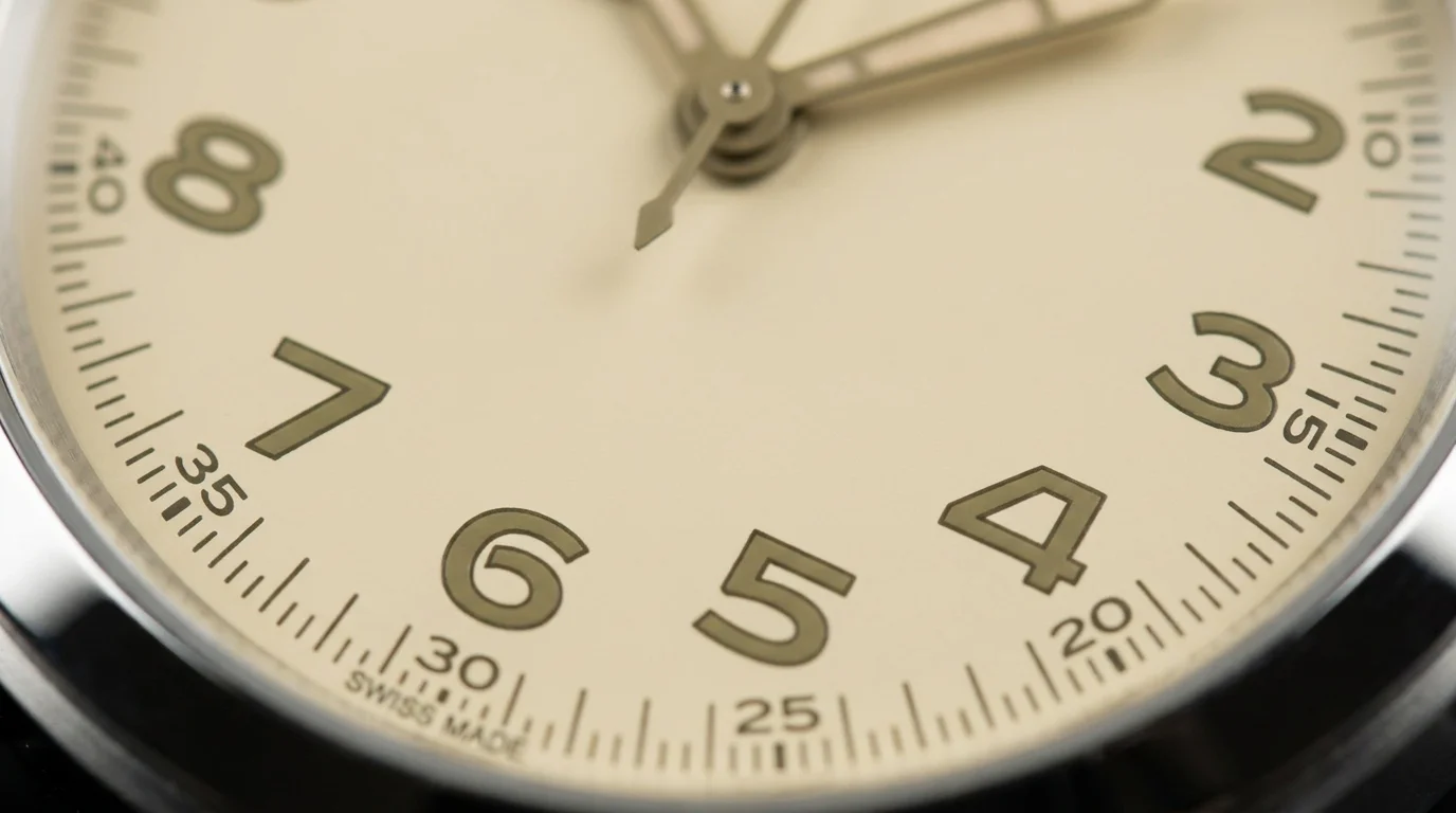 Macro shot of flat printed hour numerals on a khaki field watch dial with a Swiss Made minute track
