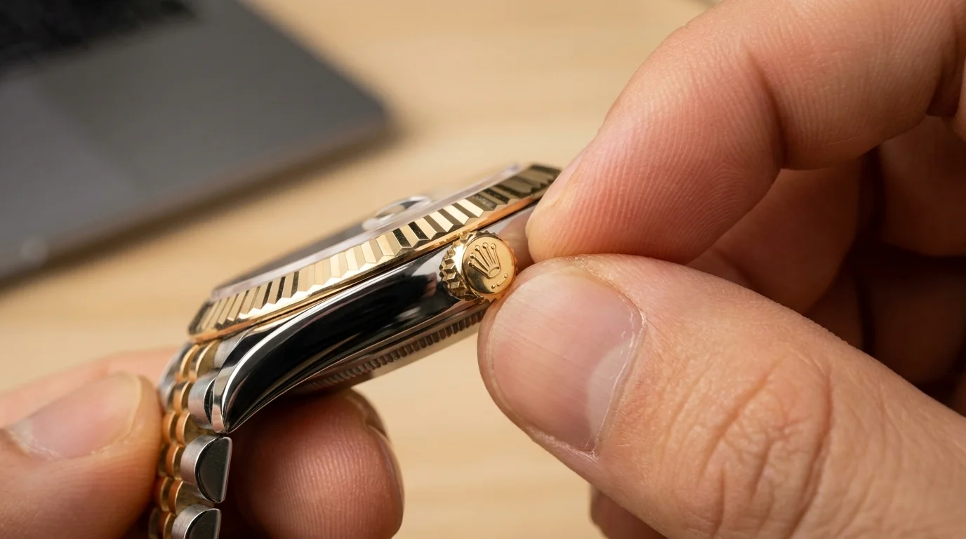 Hand pulling the crown of a two tone Rolex Datejust out to the quickset date position