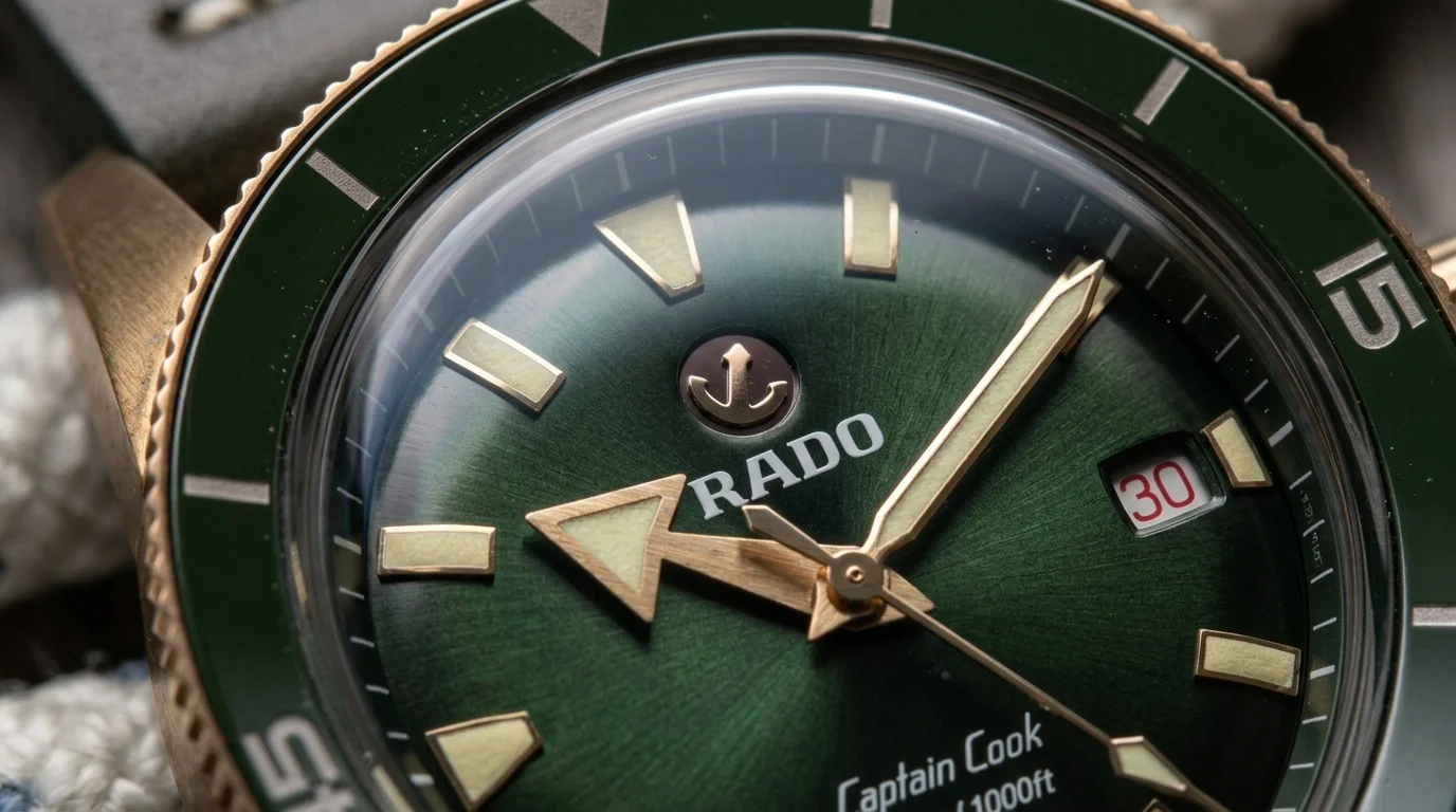 Macro shot of a Rado Captain Cook green dial with arrow-shaped hands and an inward-curving dive bezel