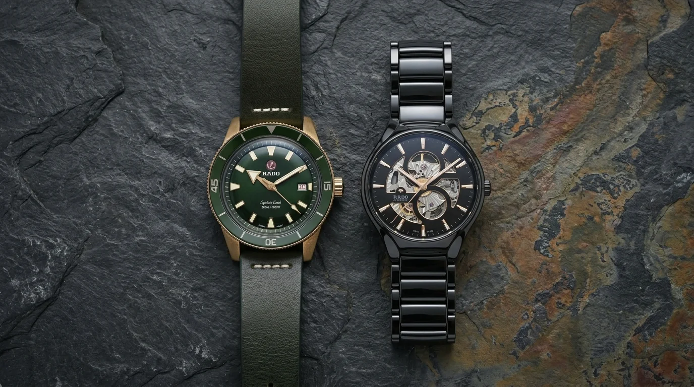Bronze Rado Captain Cook with green dial and black ceramic Rado True with open heart dial side by side on slate