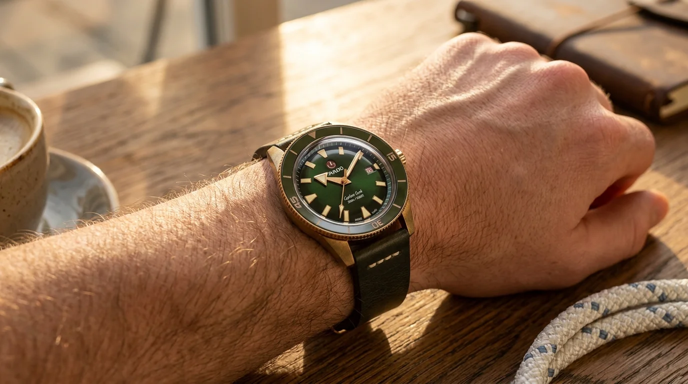 Bronze Rado Captain Cook automatic dive watch with green dial worn on the wrist at an outdoor cafe table
