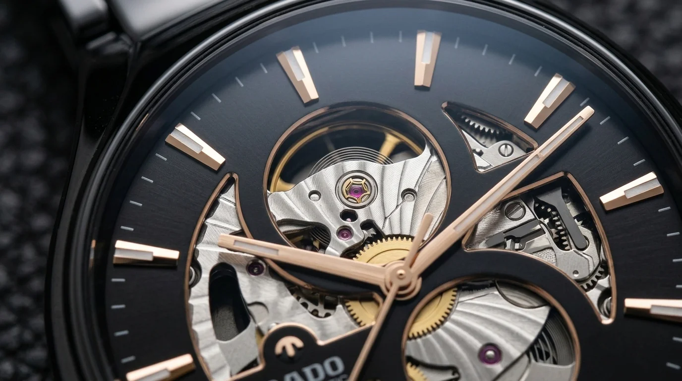 Macro shot of a Rado True open heart dial revealing the balance wheel and movement