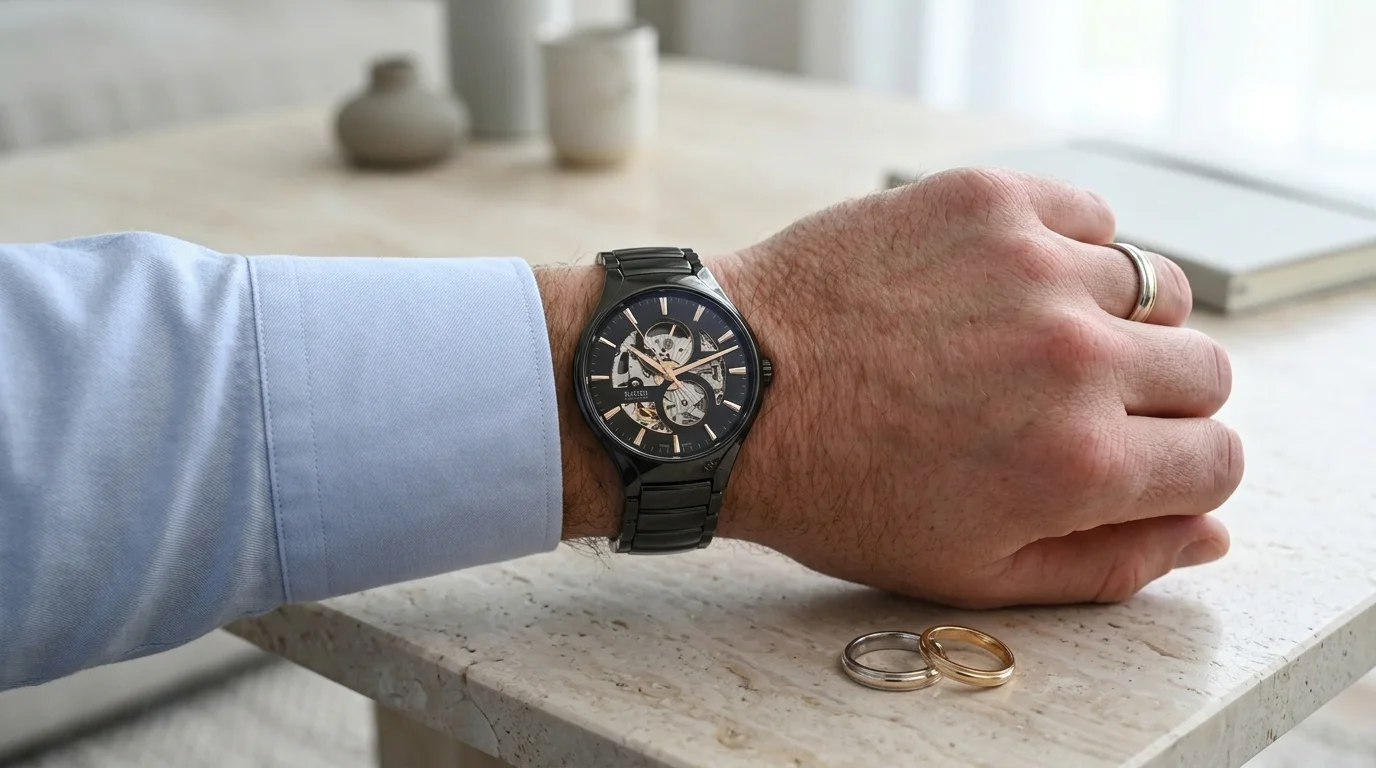 Black high-tech ceramic Rado True with open heart dial worn on the wrist in a minimalist modern setting