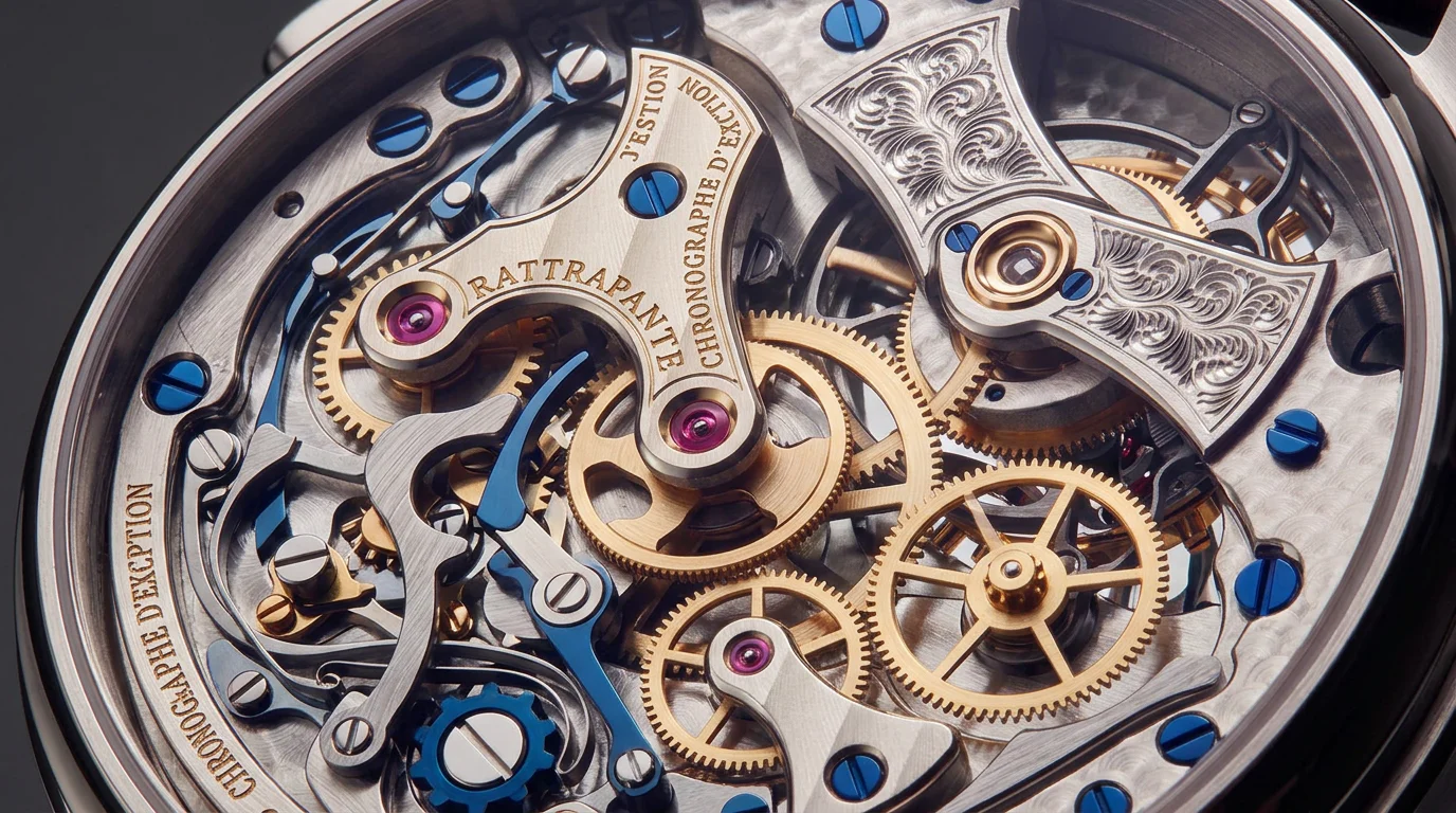 Macro view of a rattrapante chronograph movement showing the heart-shaped cam, levers, and clamps.