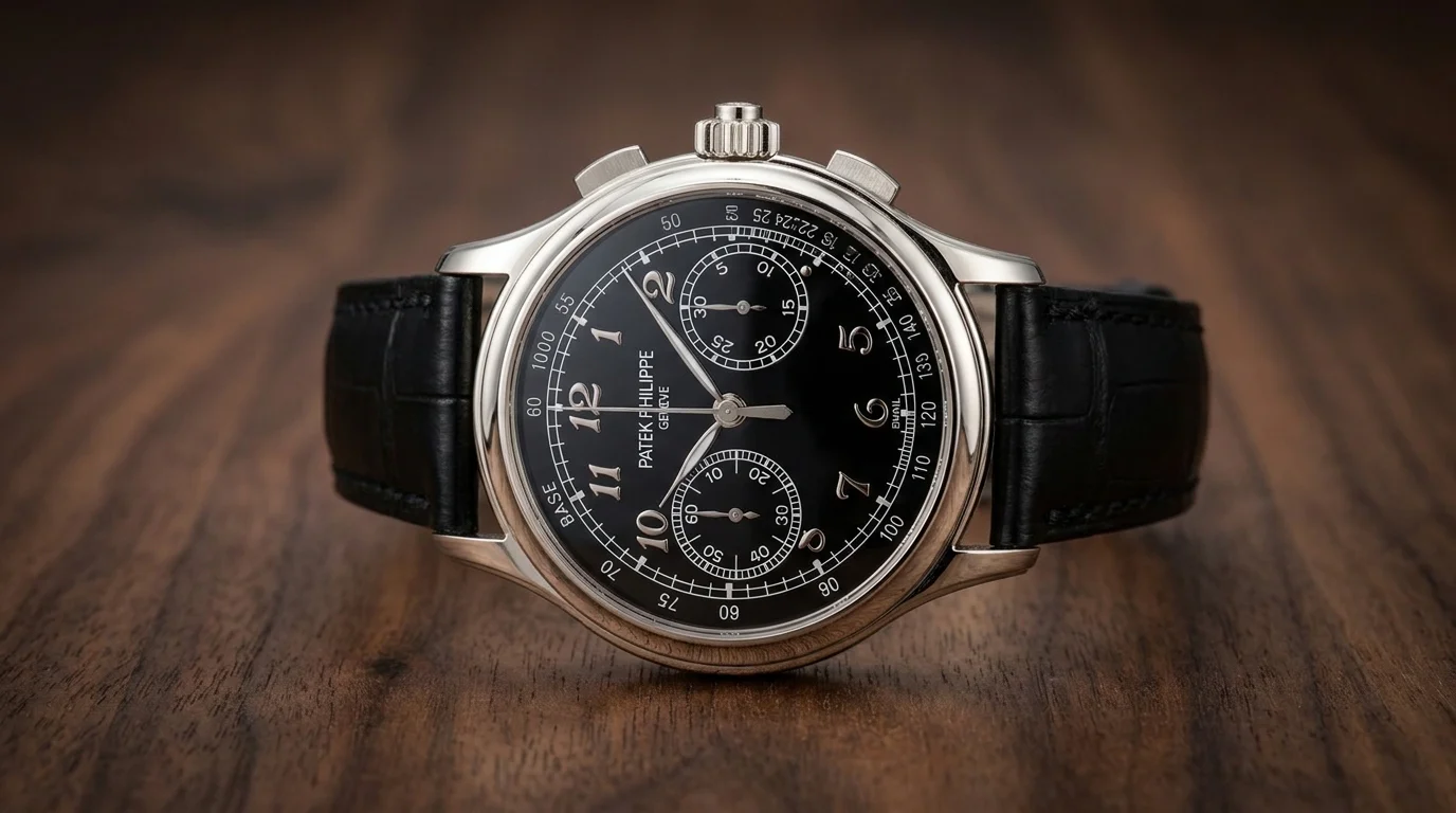 Platinum split-seconds chronograph with black dial and two chronograph sub-registers.