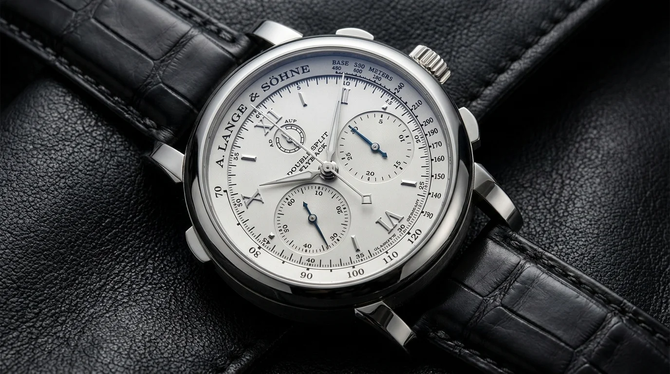 Split-seconds rattrapante chronograph with two overlapping chronograph hands on the dial.