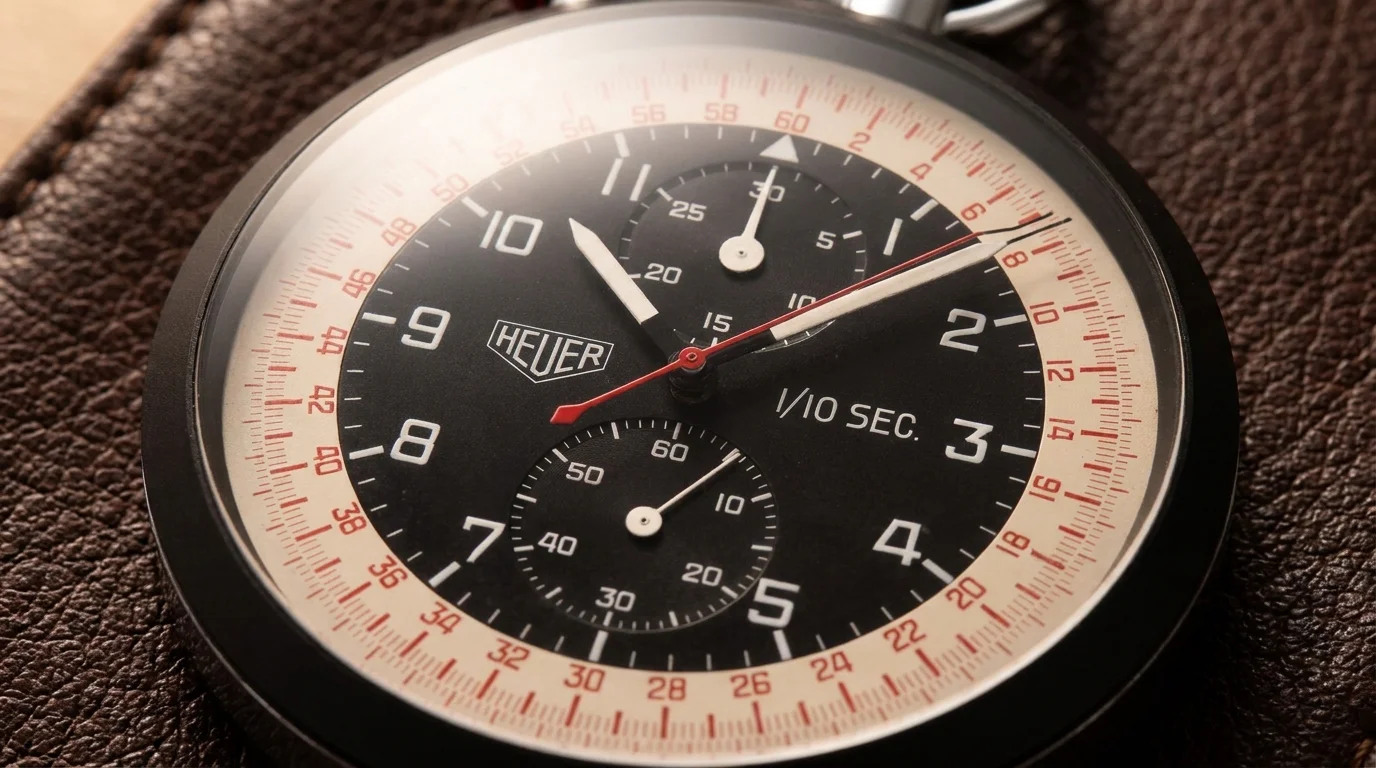 Vintage split-seconds chronograph dial with two overlapping chronograph hands, one white and one red, caught mid-split.