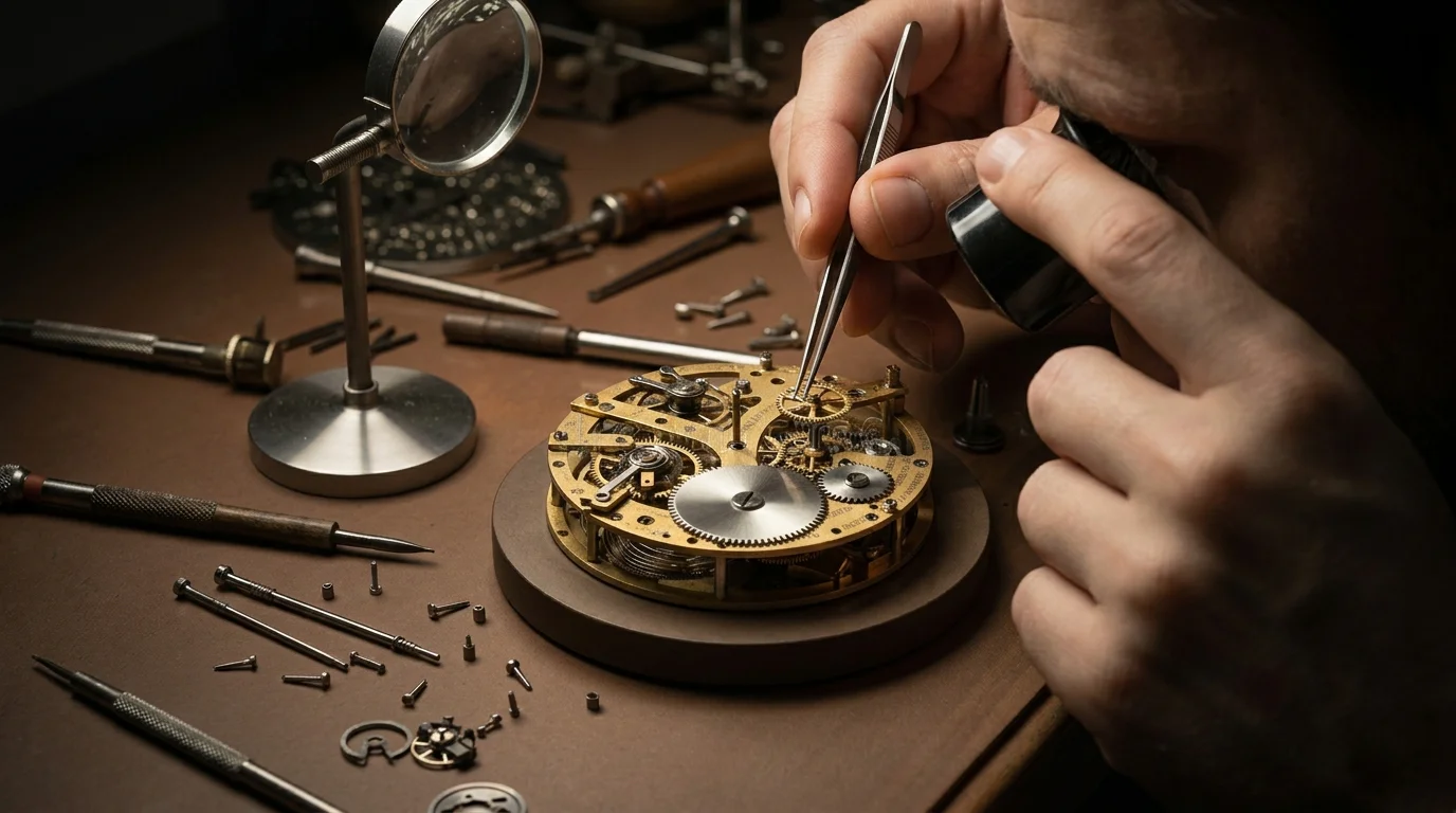 A watchmaker's hands use fine tweezers to work on a disassembled chronograph movement at a bench.