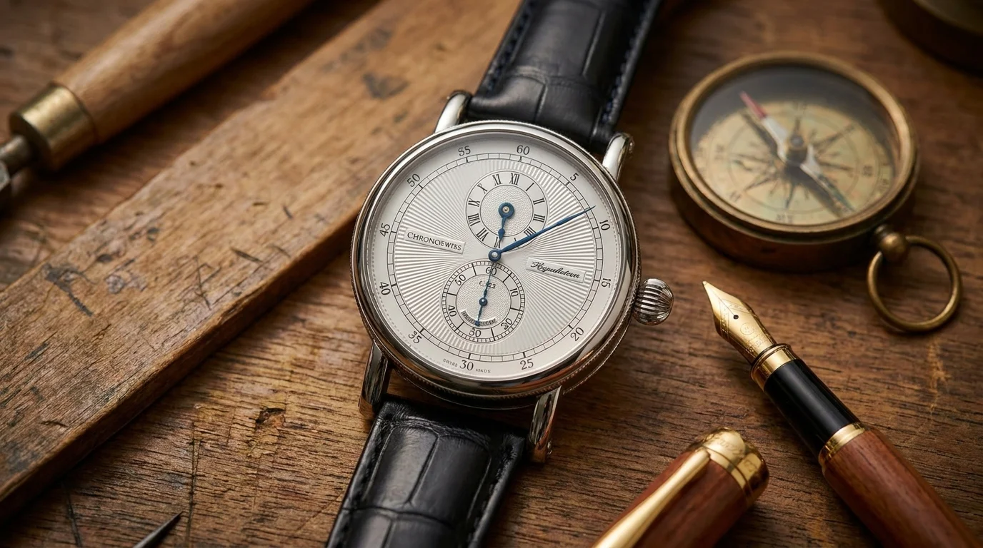 Regulator dial watch resting on an antique drafting table beside a brass compass and fountain pen