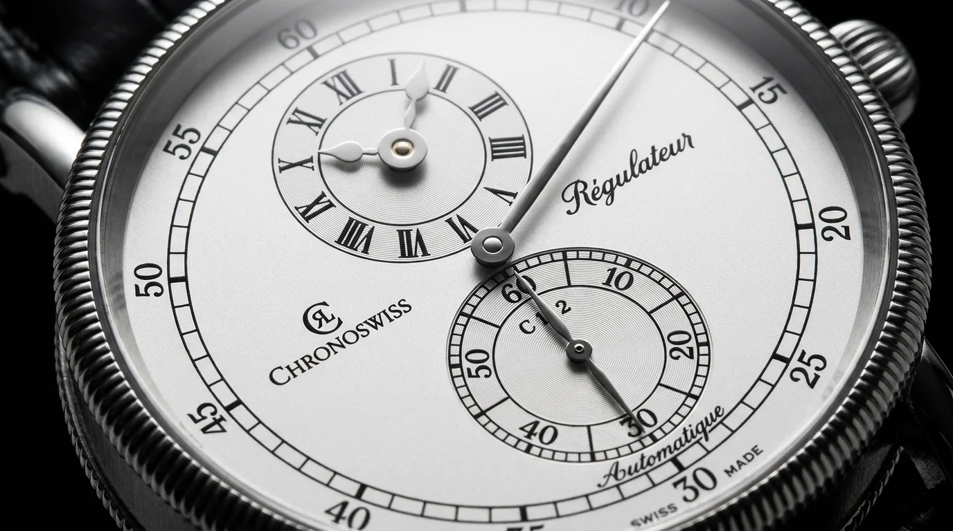 Macro shot of a regulator dial watch showing the separated hour sub-dial, central minute hand, and seconds sub-dial